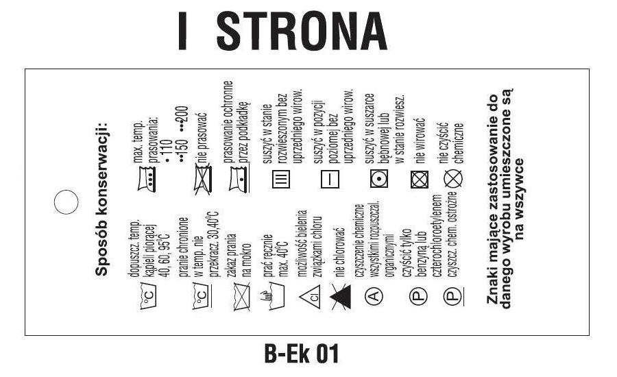 Etykiety odzieżowe B-Ek 01 SPOSÓB KONSERWACJI + TABELA WYMIARÓW MĘSKICH