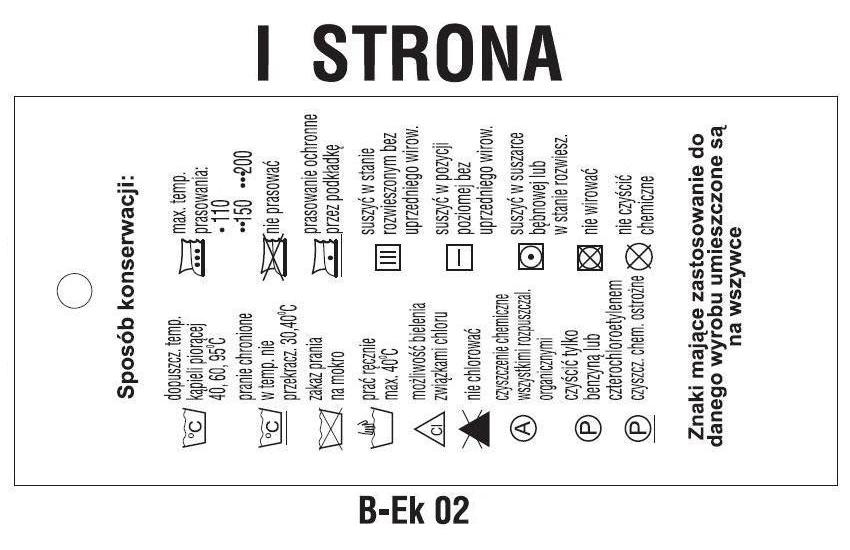 Etykiety odzieżowe B-Ek 02 SPOSÓB KONSERWACJI + TABELA WYMIARÓW DAMSKICH
